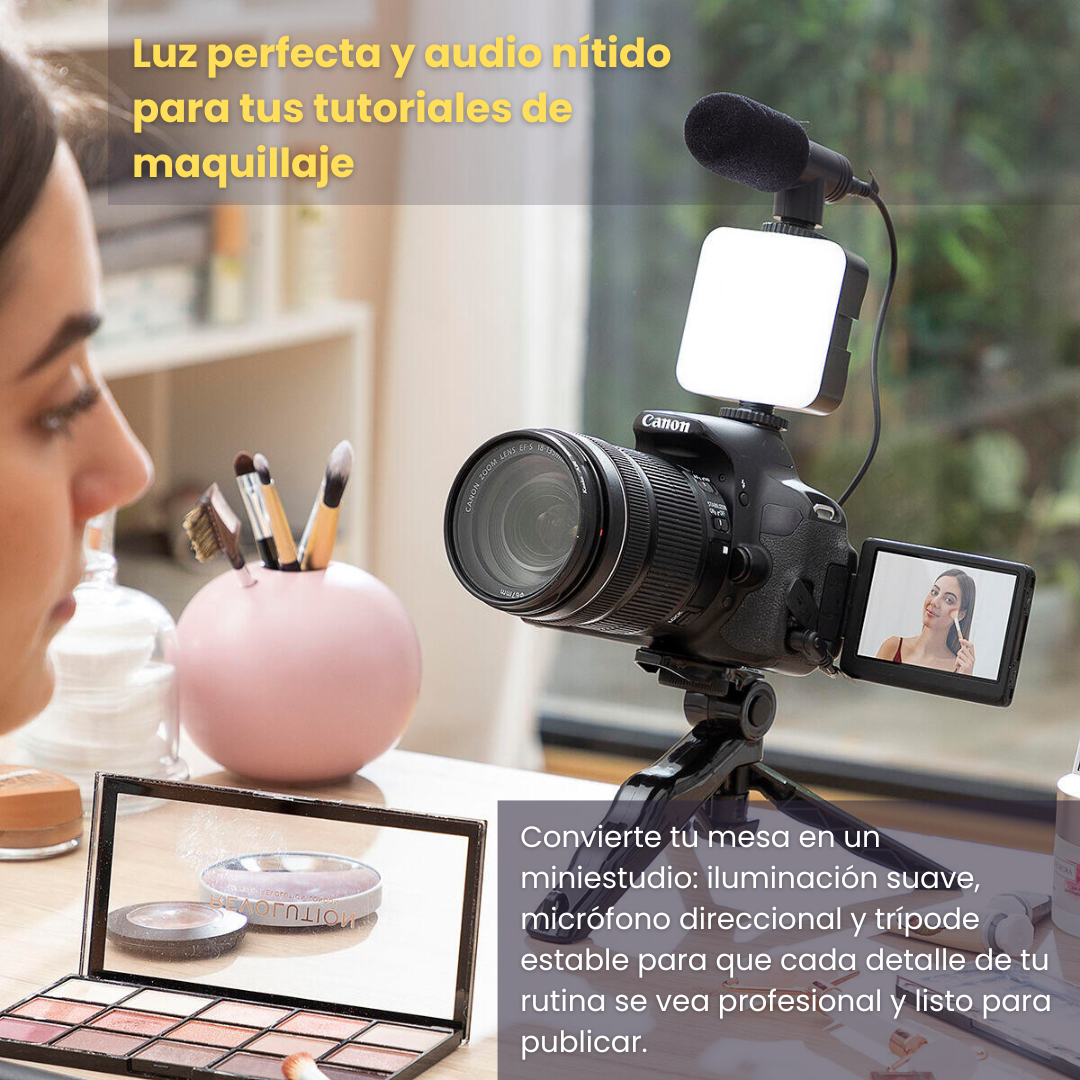 Kit Vlogging con Luz, Micrófono y Mando 6 Piezas | Trípode, LED y Control Remoto para Móvil