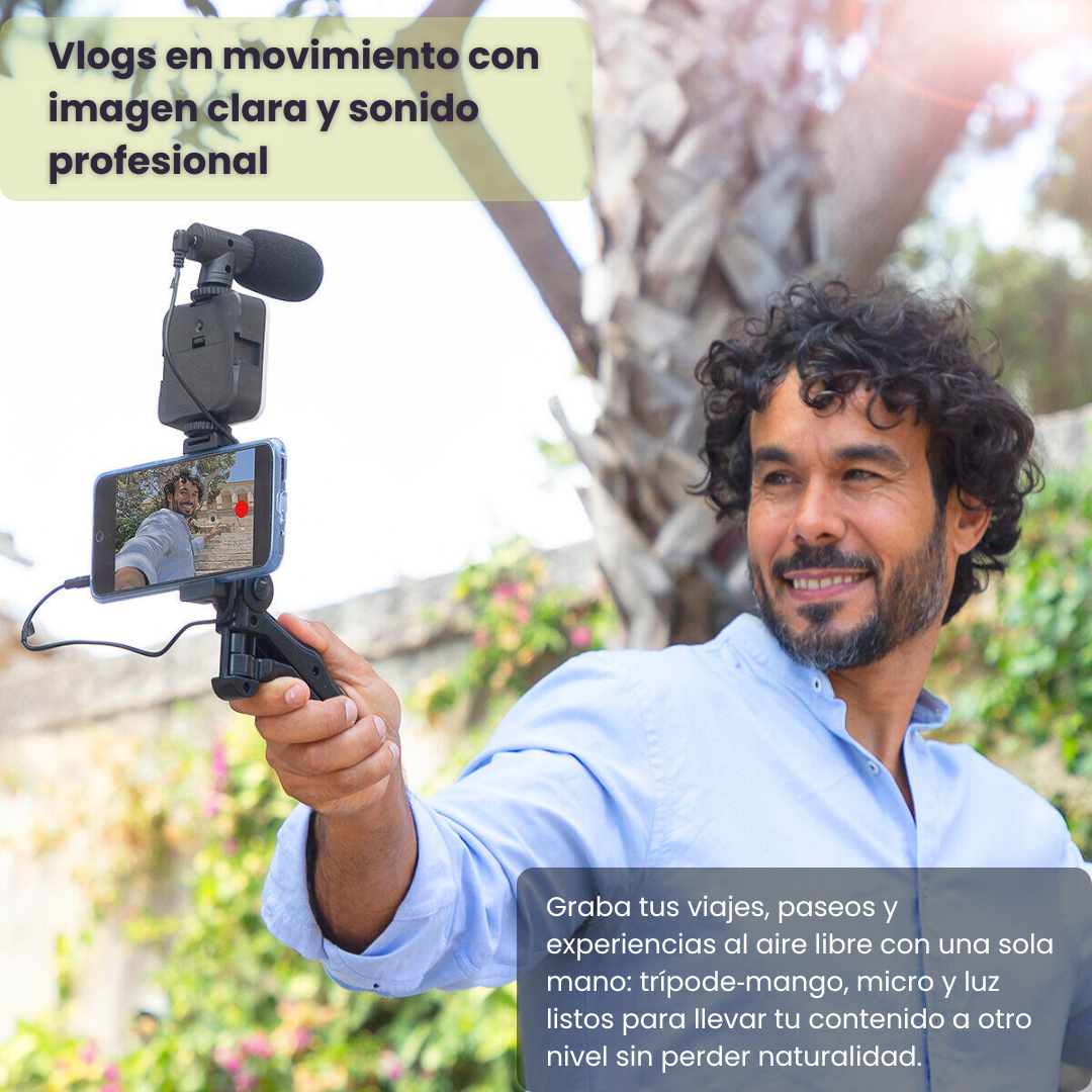 Kit Vlogging con Luz, Micrófono y Mando 6 Piezas | Trípode, LED y Control Remoto para Móvil