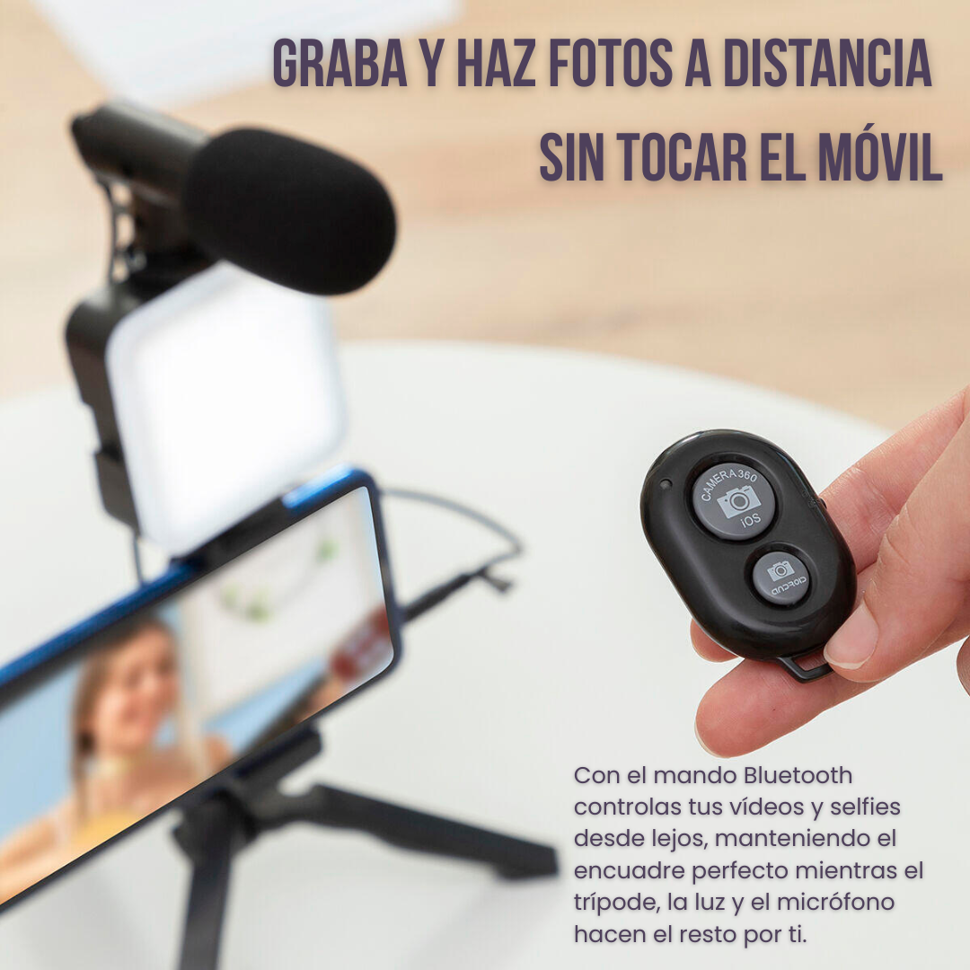 Kit Vlogging con Luz, Micrófono y Mando 6 Piezas | Trípode, LED y Control Remoto para Móvil