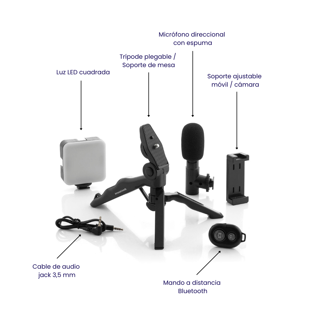 Kit Vlogging con Luz, Micrófono y Mando 6 Piezas | Trípode, LED y Control Remoto para Móvil