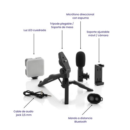 Kit Vlogging con Luz, Micrófono y Mando 6 Piezas | Trípode, LED y Control Remoto para Móvil
