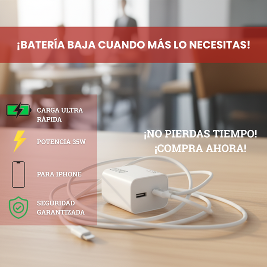 ⚡ Cargador USB 35W + Cable Tipo iPhone | Carga Rápida, Segura y Lista para Viajar